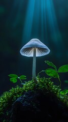 A mushroom growing on a mossy log in the forest