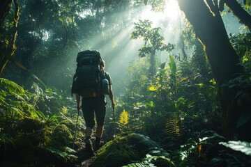 Hiker navigating lush jungle trails at sunrise nature adventure serene environment inspiring journey
