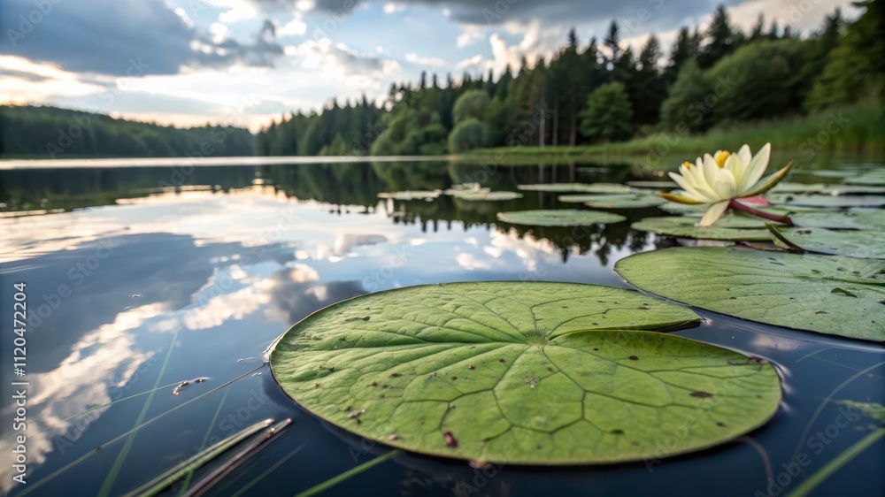 Poster close up view of lily pad floating peacefully on calm waters in serene natural setting. generative a