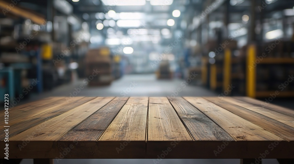 Poster empty wooden table in blurred background of storage factory