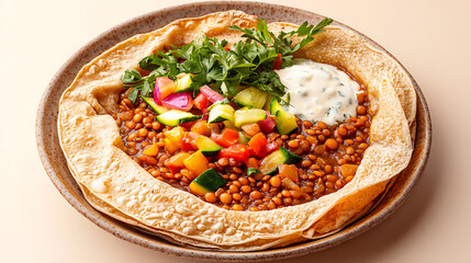 Delicious Ethiopian injera served with stewed lentils, fresh vegetables, and creamy sauce, showcasing vibrant colors and rich textures for delightful meal experience