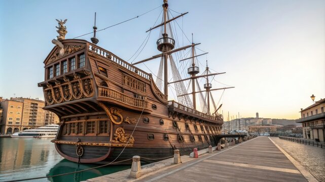 Galeone Neptune Ship Detail at Sunset in Tourist Attraction Harbor. Generative AI