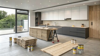 Obraz premium Flooring Planks Stored in a Modern Kitchen During Interior Renovation Process. Generative AI