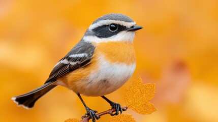 Small bird perched on branch, autumn leaves background.