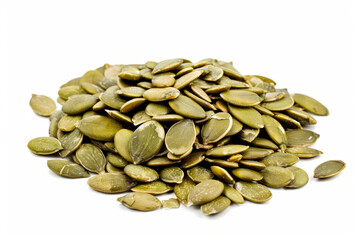 Heap of green pumpkin seeds isolated on white background