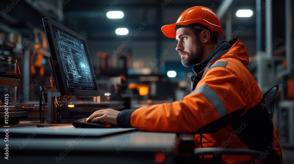 Aufkleber worker in safety gear concentrating on computer screen in industrial setting, showcasing modern tech
