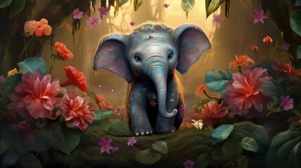 Illustration of a baby elephant decorated with flowers on a jungle background