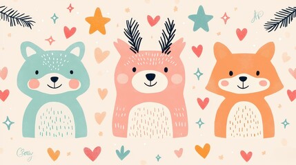 Cute cartoon animals; fox, deer, raccoon; hearts, stars.