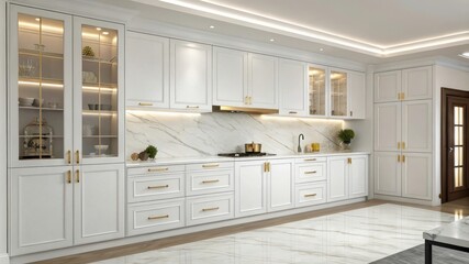 Glossy White Cabinets Installed in a Modern Kitchen With Marble Countertops. Generative AI