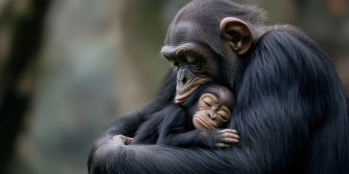 M&atilde;e chimpanz&eacute; aconchegando seu beb&ecirc;