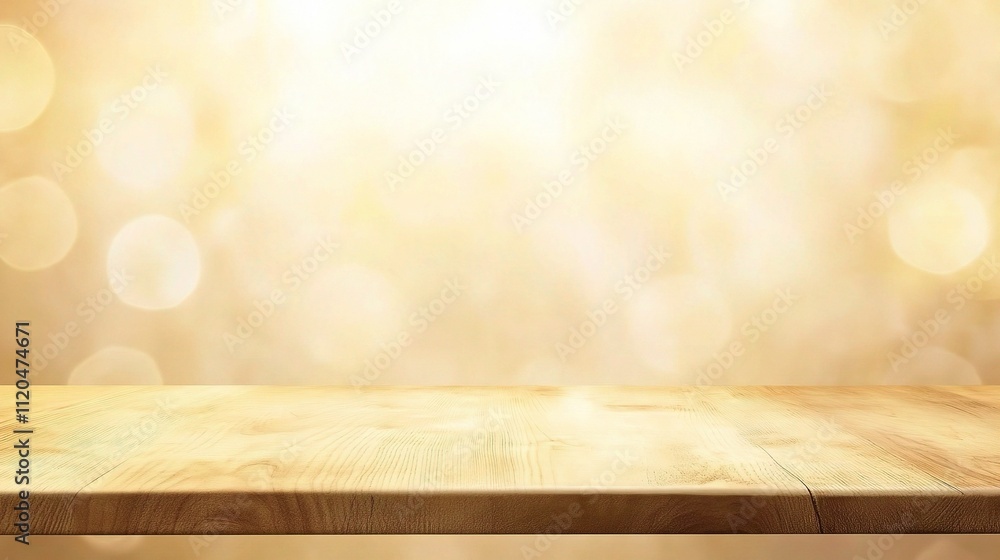 Poster Empty Wooden Table with Blurred Light and Gold Bokeh Background