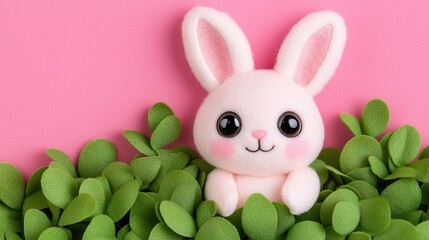 Adorable pink bunny nestled in lush green foliage against a pink backdrop.