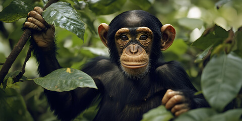 Chimpanzé balançando-se em cipó na selva