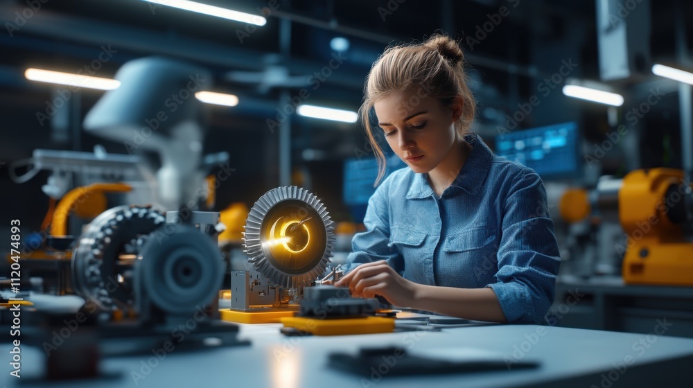 Poster young engineer working on mechanical components in modern workshop with advanced technology and mach