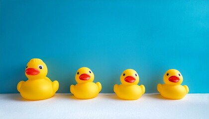 Three yellow rubber ducks lined up against a soft baby blue background create a playful and cheerful atmosphere for children. Generative AI
