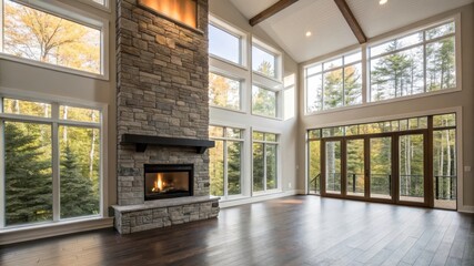 Contemporary Luxury Living Room With Large Windows and Stone Fireplace in Peaceful Forest Setting. Generative AI