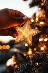 A person's hand delicately places a glittering gold star ornament onto a festively lit Christmas tree. Warm, inviting holiday spirit.