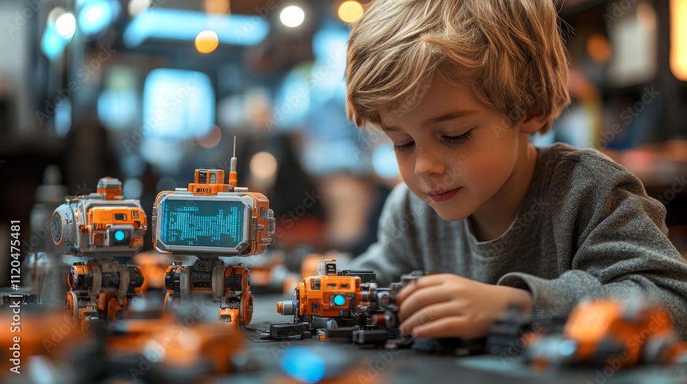 Fototapete A child intently assembles robot building kits on a table filled with colorful parts in a vibrant workshop setting, showcasing creativity and exploration in technology.