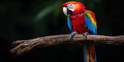 Arara colorida empoleirada em um galho de madeira