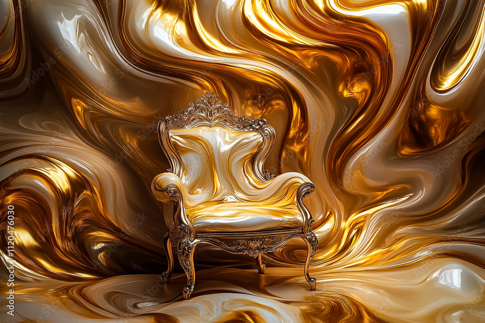 Poster a unique throne design features golden textures swirling in an abstract background, creating a luxur