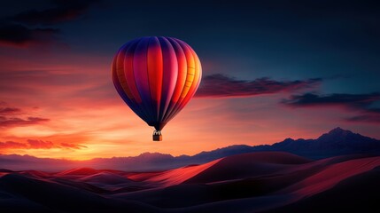Obraz premium Vibrant Hot Air Balloon Soars Above Colorful Dunes with Dramatic Sunset Sky in Background