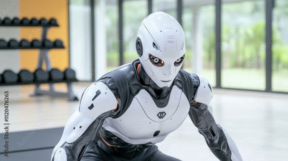 Poster a humanoid robot preparing for exercise in a gym setting.