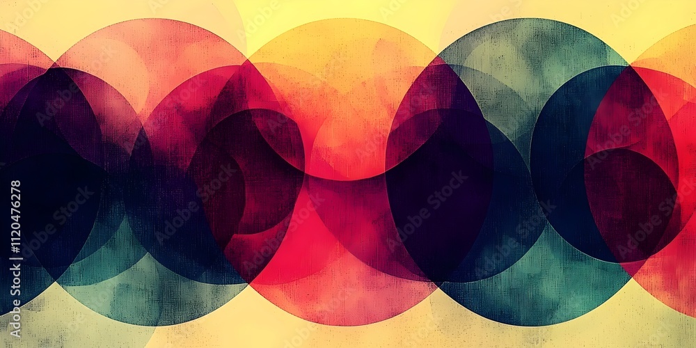 Poster an abstract composition featuring overlapping geometric circles in vibrant reds, blues, and yellows,