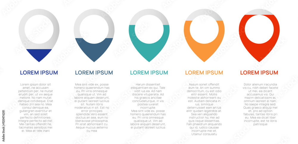 Poster five colorful location pin markers with sample text below, useful for infographics or website design