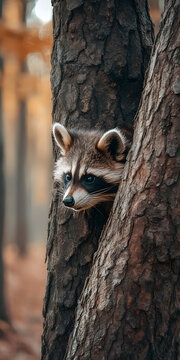 Guaxinim fofinho espiando por tr&aacute;s de uma &aacute;rvore