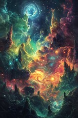 Obraz premium Cosmic adventure exploration mystical universe digital art galactic landscapes surreal viewpoint sci-fi concept for imagination