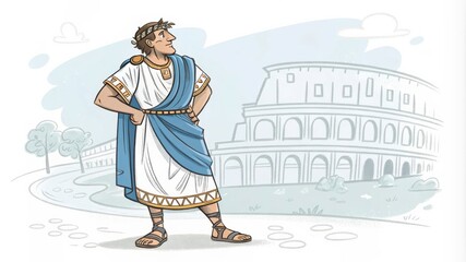 Roman Man in Historical Costume Stands Proudly Near the Colosseum in Ancient Rome. Generative AI