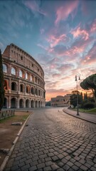 Empty Square at Dawn Revealing the Colosseum in Rome Against a Colorful Sky. Generative AI