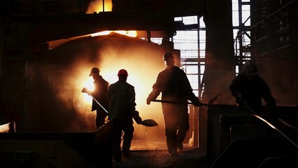 Dedicated workers in a bustling steel mill surrounded by the mesmerizing glow of molten metal....