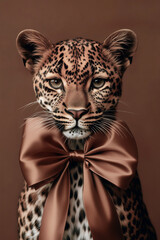 Foto op Plexiglas 2025 color trend leopard in muted mocha brown color wearing a big mocha brown satin bow on a brown background