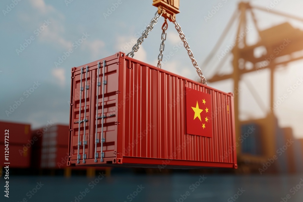 Poster a red container with a chinese flag on it is being lifted by a crane