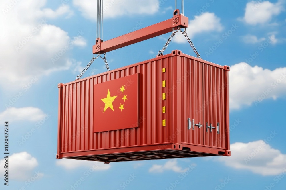 Poster a red container with a chinese flag on it is being lifted by a crane