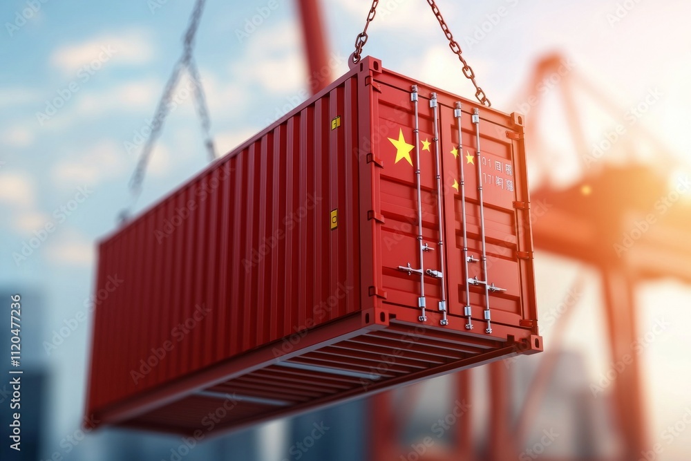 Poster a red container with a star on it is being lifted by a crane