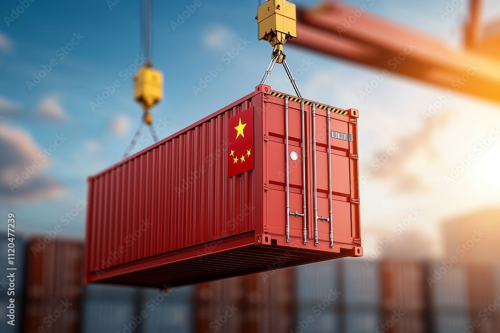 Aufkleber a red container with a chinese flag on it is being lifted by a crane