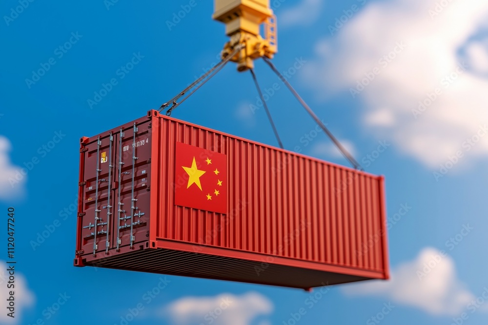 Poster a red container with a chinese flag on it is being lifted by a crane