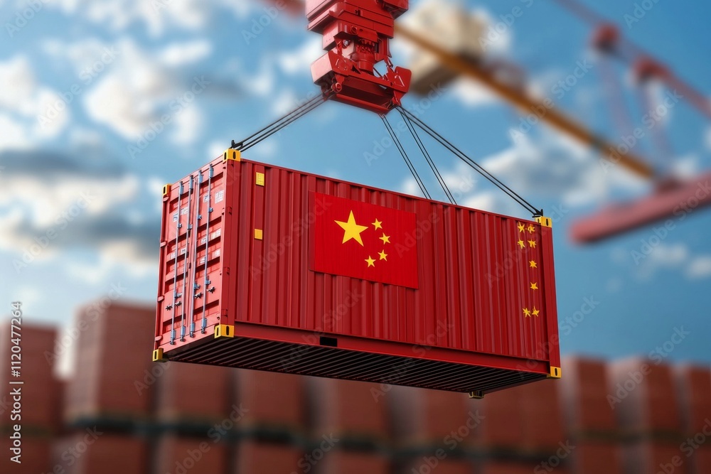 Poster a red container with a chinese flag on it is being lifted by a crane