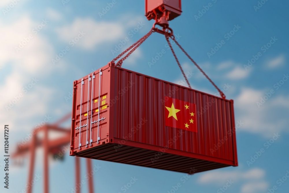 Poster a red container with a chinese flag on it is being lifted by a crane