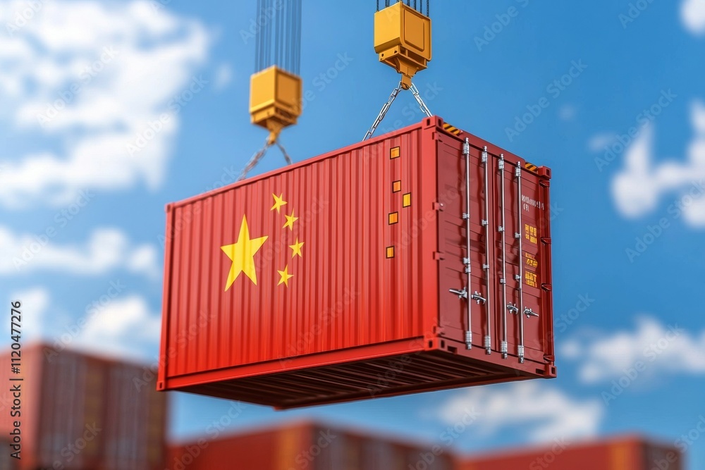 Poster a red container with a star on it is being lifted by a crane