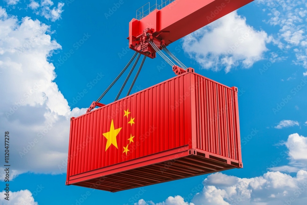 Poster a red container with a star on it is being lifted by a crane