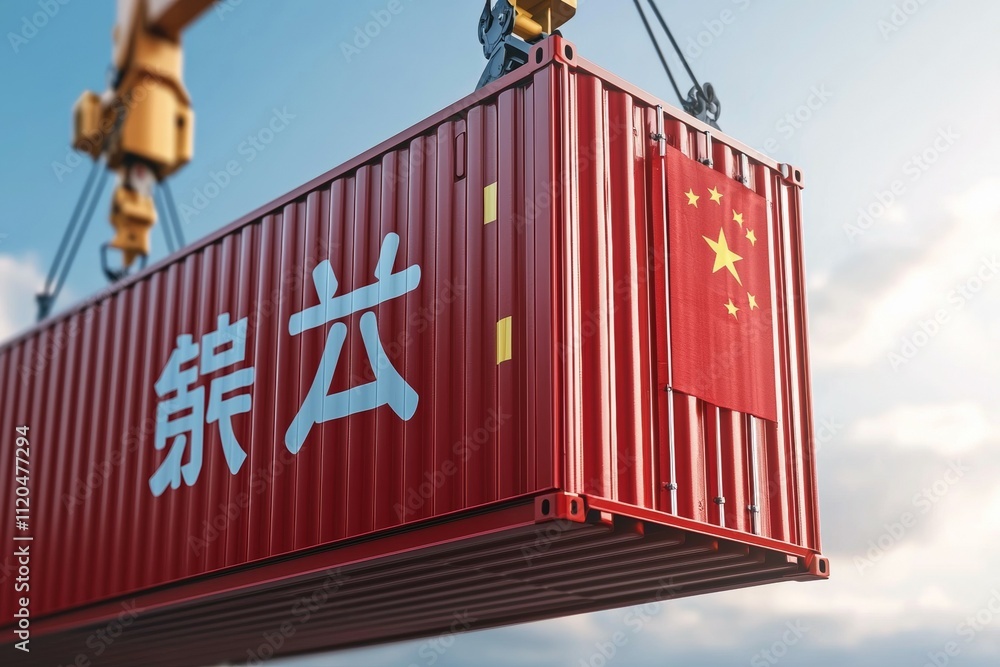 Poster a red container with chinese writing on it is being lifted by a crane