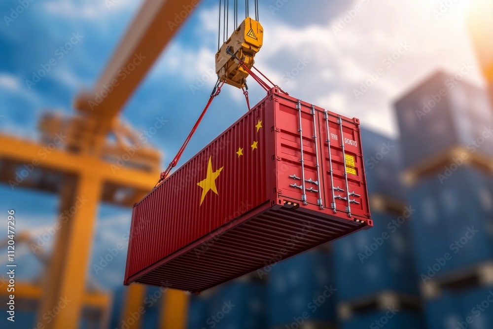 Poster a red container with a star on it is being lifted by a crane