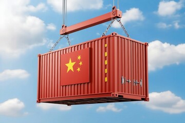 A red container with a Chinese flag on it is being lifted by a crane