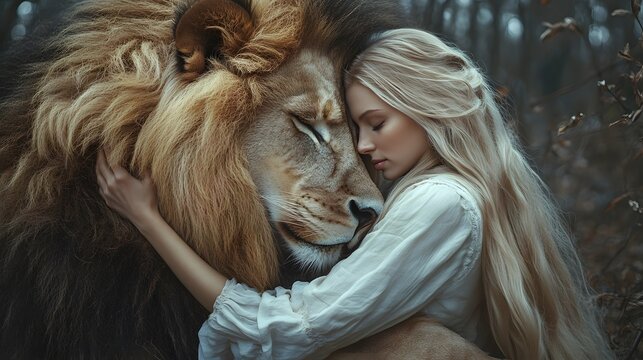 Beautiful woman with long blonde hair hugs a wild beast
