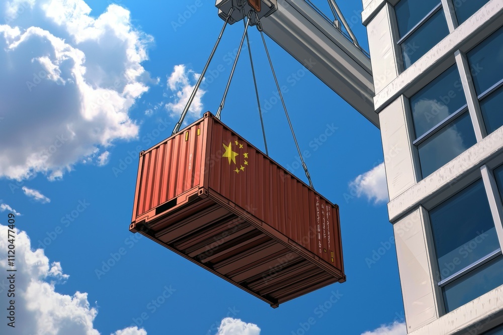 Poster a red container with the word china on it is being lifted by a crane
