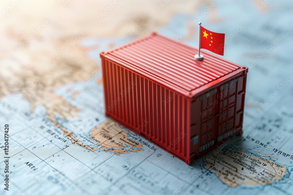 Poster a red container with a flag on top is placed on a map