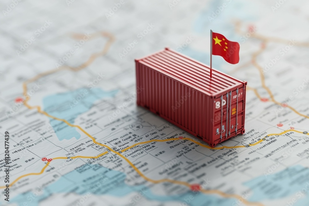 Aufkleber a red container with a flag on top is on a map